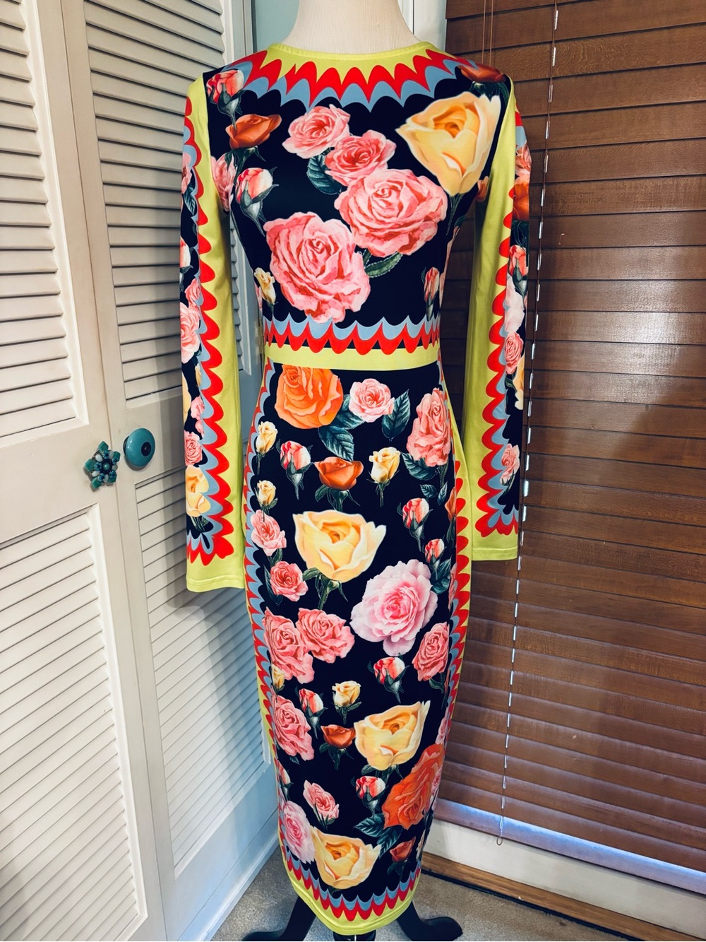 AKIRA Black Floral Long Sleeve Midi Dress with Yellow Trim